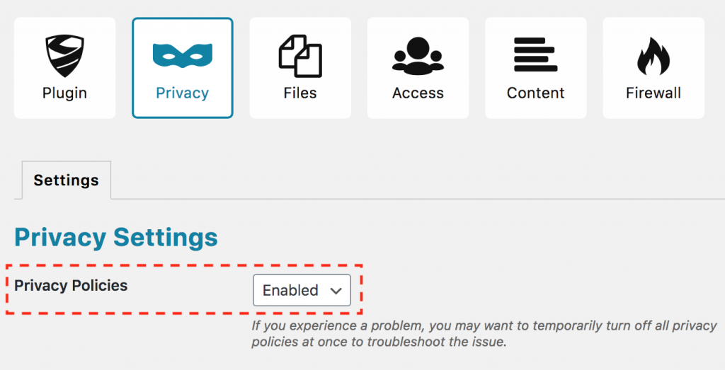 Privacy admin page displaying the option to disable all Privacy Policies.