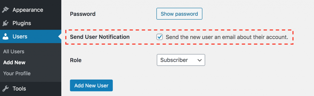 Screenshot of WP admin screen highlighting how to send a new user a account setup notification.