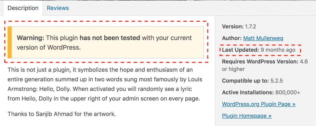 Screenshot of a plugin's profile page on WordPress.org and highlighting issues with the plugin.