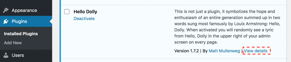 Screenshot of Plugins Admin screen highlighting the "View Details" link.